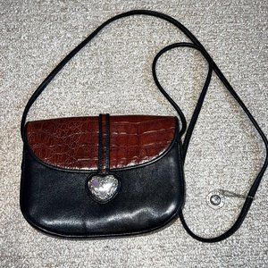 Vintage Brighton Small Black and Brown Leather Crossbody Bag with Heart Clasp